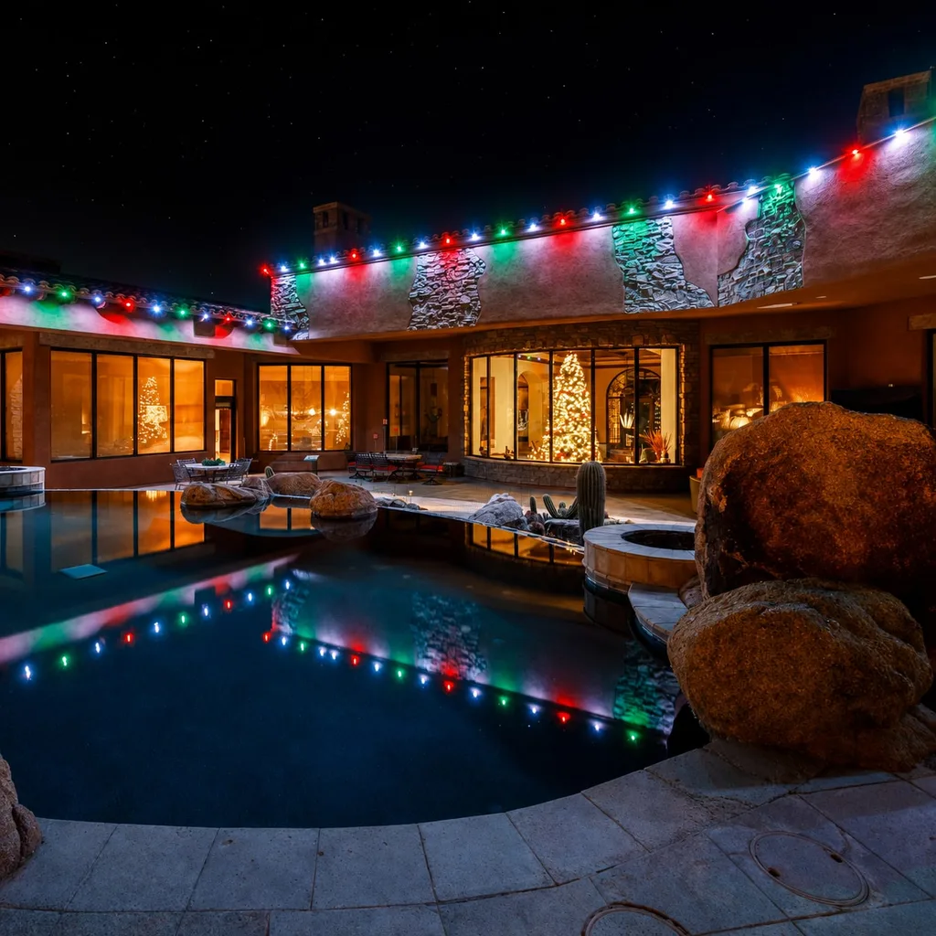 Rendering of a backyard pool at night with red, green, and white lights along the house roofline