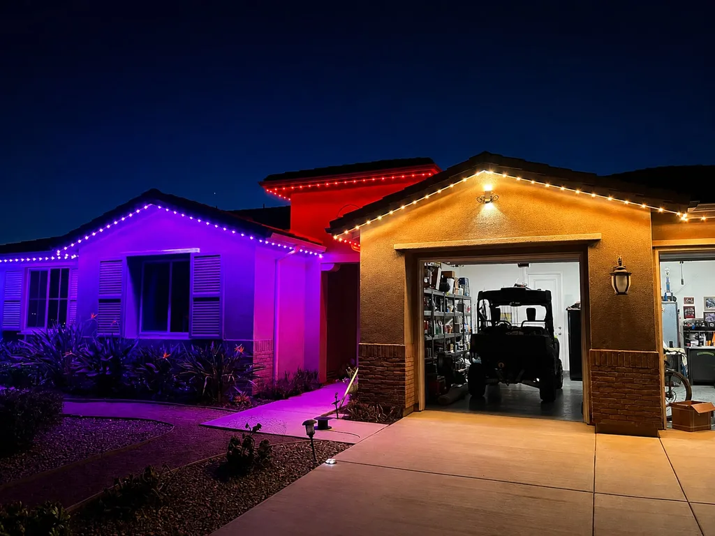 Rendering of a single-story home at dusk with purple and red rooflines beside a warm white garage