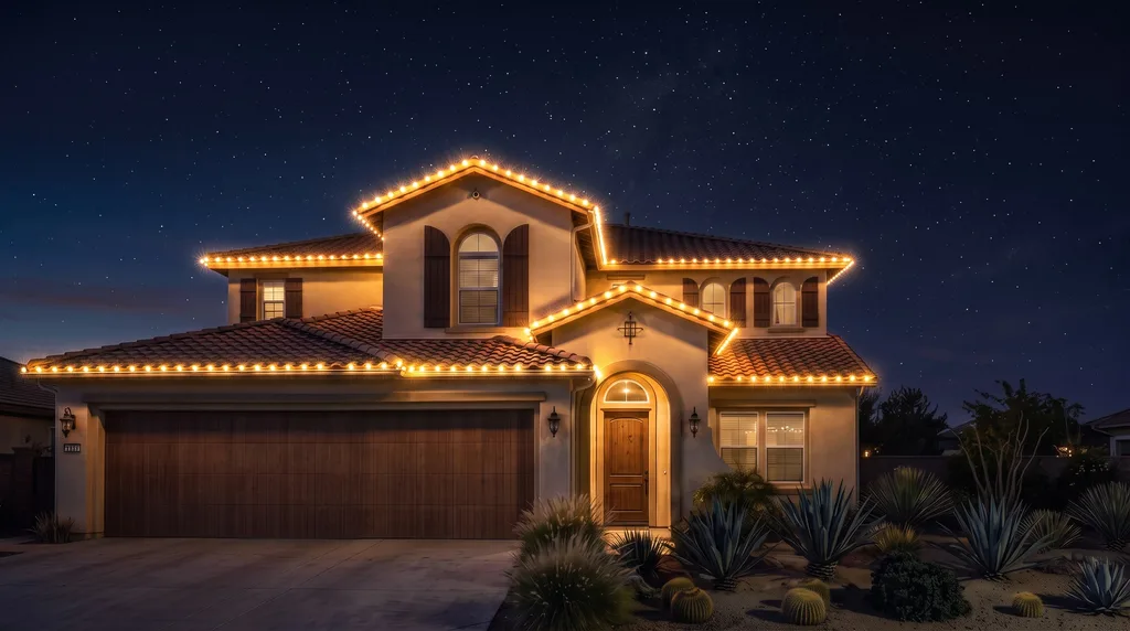 Rendering of a sample home with permanent lighting in Warm White along every roofline at dusk