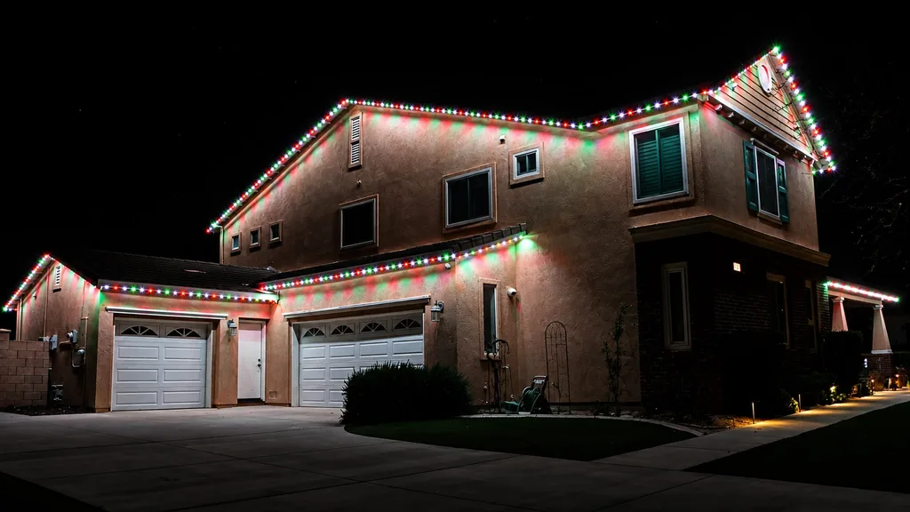 Rendering of a two-story stucco house at night with red, green, and white lights along every roofline